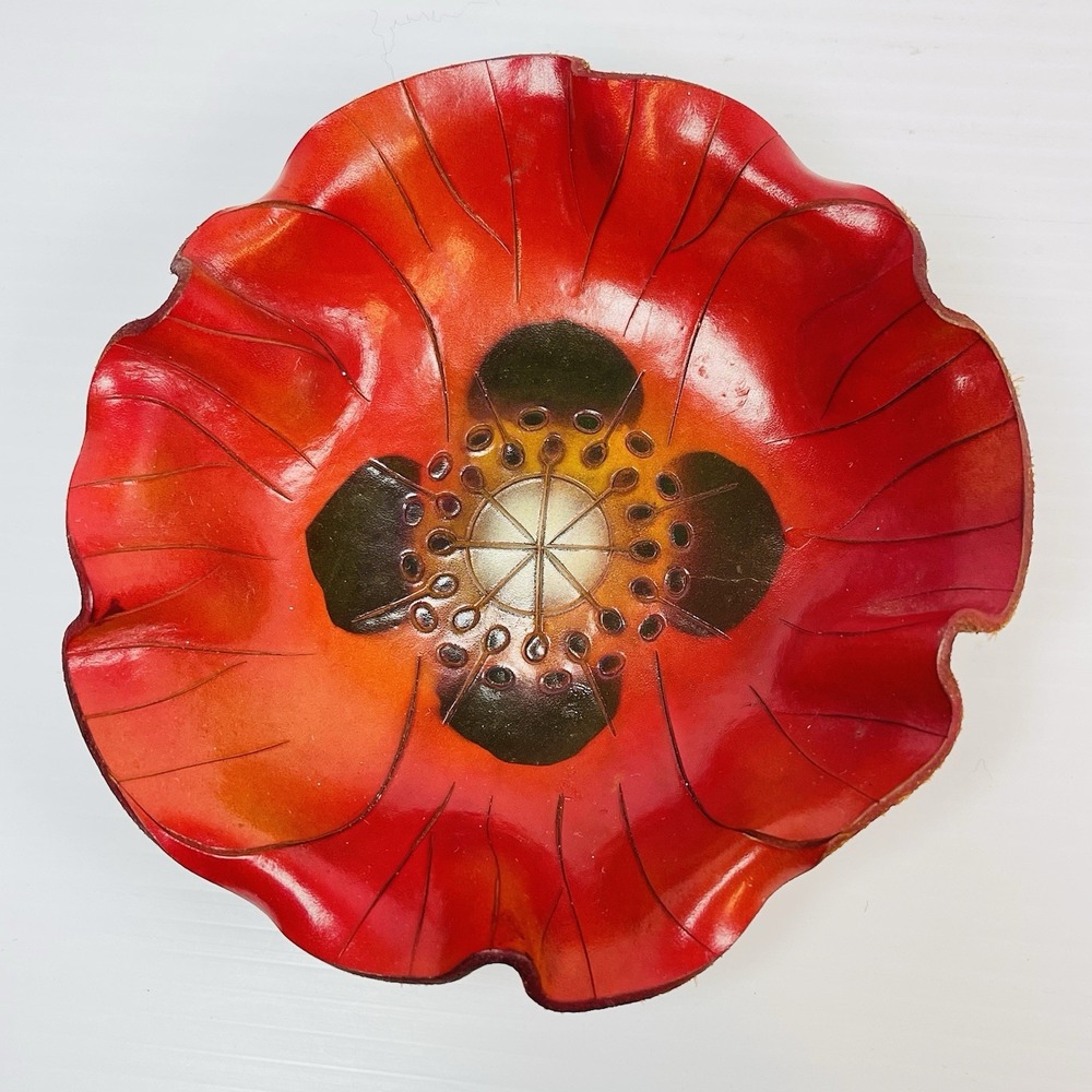 Candles In The Rain Leather Red Poppy Flower Trinket Dish Wall Hanging